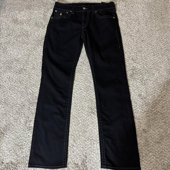 True Religion Jeans Mens 33 Rinse Black Ricky Relaxed Straight Big T Stitching - Picture 1 of 14